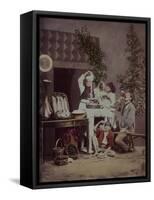 Italian Chef Pulling Pasta from a Plate, Two Boys Eat Spaghetti from Plates and a Man Drinks Wine-null-Framed Stretched Canvas