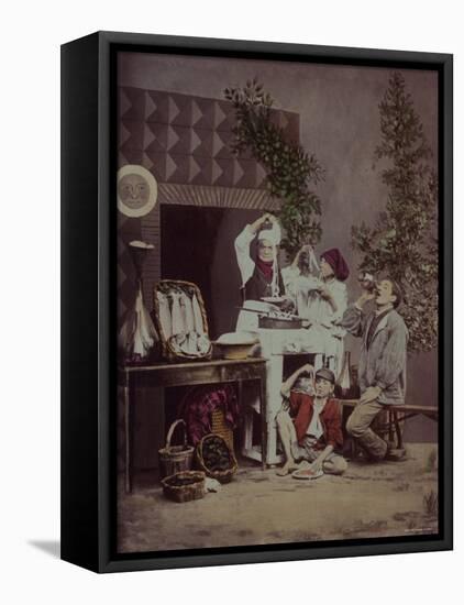 Italian Chef Pulling Pasta from a Plate, Two Boys Eat Spaghetti from Plates and a Man Drinks Wine-null-Framed Stretched Canvas