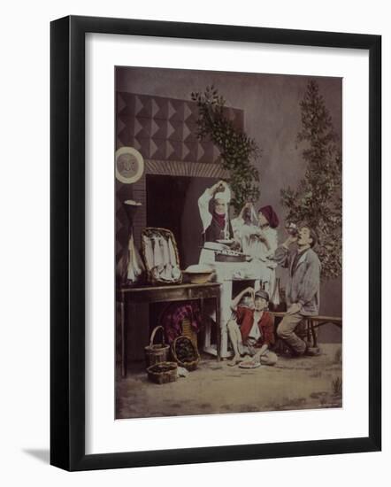 Italian Chef Pulling Pasta from a Plate, Two Boys Eat Spaghetti from Plates and a Man Drinks Wine-null-Framed Photographic Print