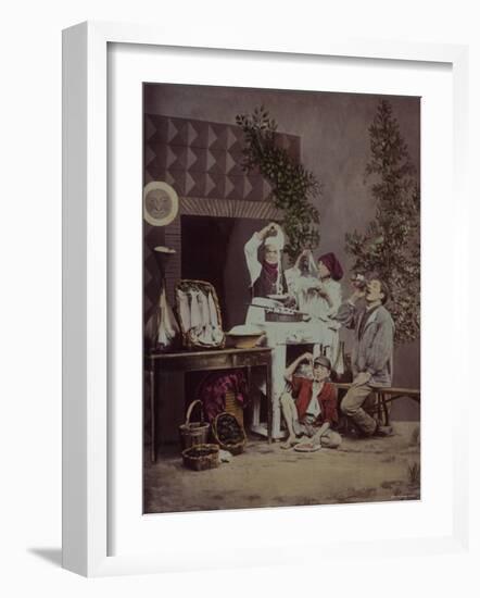 Italian Chef Pulling Pasta from a Plate, Two Boys Eat Spaghetti from Plates and a Man Drinks Wine-null-Framed Photographic Print