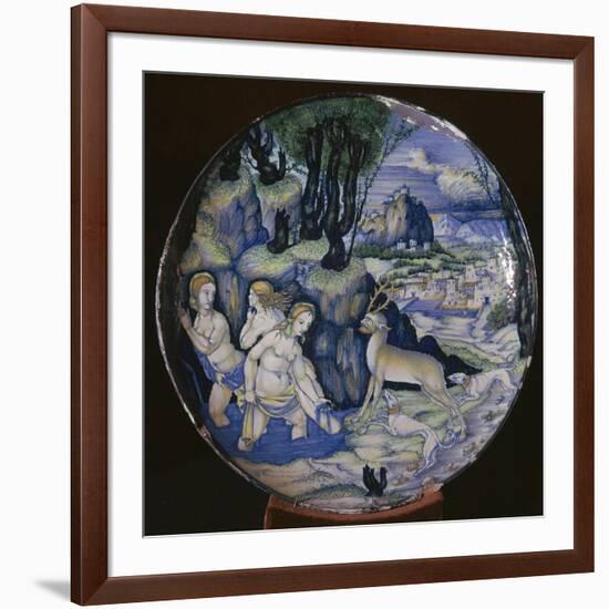 Italian earthenware plate showing Artemis turning Actaeon into a stag-Unknown-Framed Giclee Print