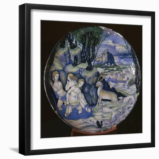 Italian earthenware plate showing Artemis turning Actaeon into a stag-Unknown-Framed Giclee Print