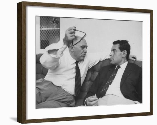 Italian Film Maker, Carlo Ponti, with Czech Director, Milos Forman, While Visiting New York City-null-Framed Premium Photographic Print