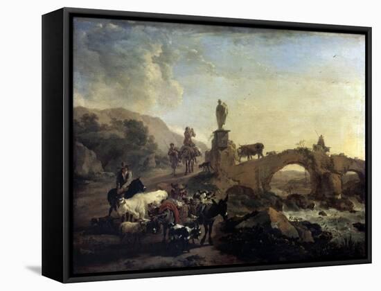 Italian Landscape with a Small Bridge, 1656-Nicolaes Berchem-Framed Stretched Canvas