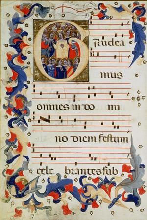 Page of Musical Notation with a Historiated Initial 'G' Depicting a Group of Saints with St. Ursula