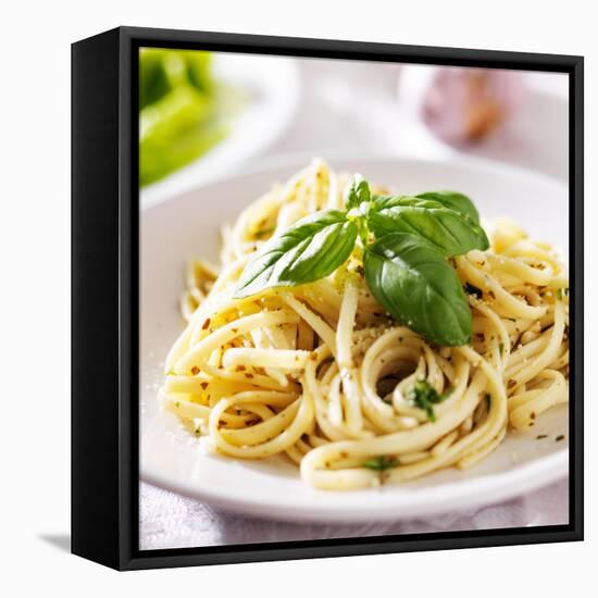 Italian Pasta with Pesto Sauce close up Photo-evren_photos-Framed Stretched Canvas