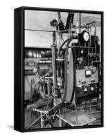 Italian Physicist Enrico Fermi Peering Out from Behind Large, Complicated Machinery in Laboratory-Ralph Morse-Framed Stretched Canvas