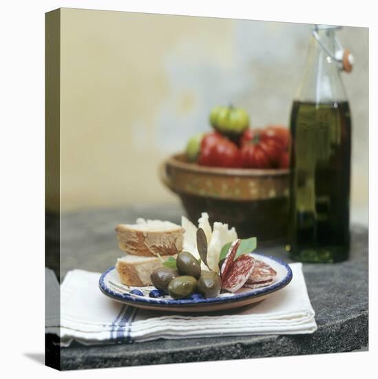 Italian Snack with Hard Cured Sausage, Olives and Cheese-Eising Studio - Food Photo and Video-Stretched Canvas