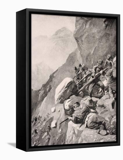 Italian Troops Levering Boulders Down onto Enemy Soldiers in the Dolomities, 1915, from 'The War…-English School-Framed Stretched Canvas