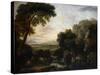 Italianate Landscape with a Capriccio View of Tivoli, a Shepherd and Shepherdess and Cattle-George the Elder Barret-Stretched Canvas