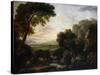 Italianate Landscape with a Capriccio View of Tivoli, a Shepherd and Shepherdess and Cattle-George the Elder Barret-Stretched Canvas