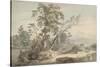 Italianate Landscape with Travellers No.2, C.1760 (W/C, Pen and Grey Ink over Graphite)-Paul Sandby-Stretched Canvas