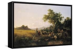 Italienische Landschaft Mit Ochsenwagen Waehrend Der Kornernte-Károly Markó-Framed Stretched Canvas