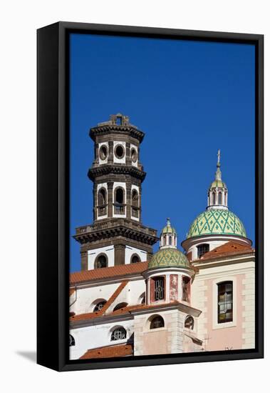 Italy, Campania, Atrani, Amalfi Coast. This is the dome and bell tower of Santa Maria.-Julie Eggers-Framed Stretched Canvas