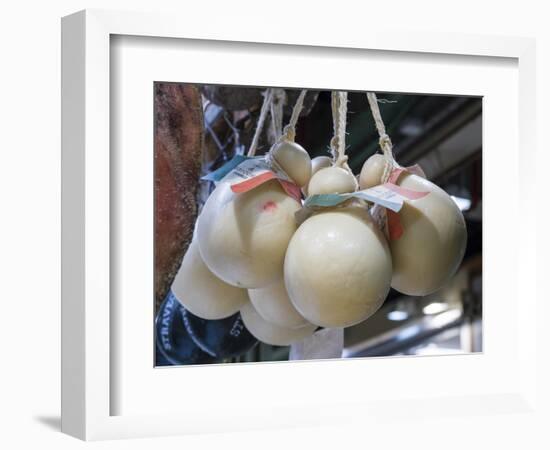 Italy, Florence. Mozzarella balls hanging in a shop in the Central Market, Mercato Centrale-Julie Eggers-Framed Photographic Print