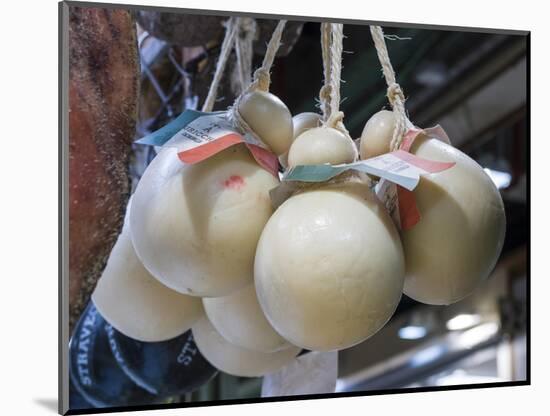 Italy, Florence. Mozzarella balls hanging in a shop in the Central Market, Mercato Centrale-Julie Eggers-Mounted Photographic Print
