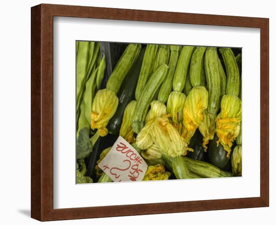 Italy, Florence. Zucchini with flowers for sale in the Central Market, Mercato Centrale in Florence-Julie Eggers-Framed Photographic Print