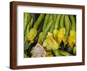 Italy, Florence. Zucchini with flowers for sale in the Central Market, Mercato Centrale in Florence-Julie Eggers-Framed Photographic Print