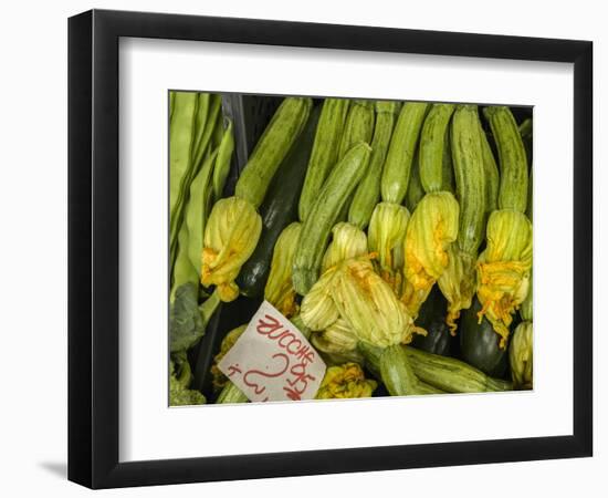 Italy, Florence. Zucchini with flowers for sale in the Central Market, Mercato Centrale in Florence-Julie Eggers-Framed Photographic Print