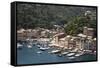 Italy, Genoa province, Portofino. Fishing village on the Ligurian Sea, overlooking harbor-Alan Klehr-Framed Stretched Canvas