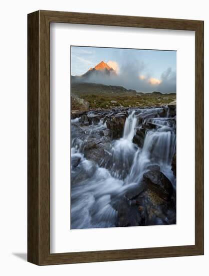 Italy, Italian Alps, Lombardy, Mountain Peak and River at Sunset, Stelvio National Park-Andrea Pozzi-Framed Photographic Print