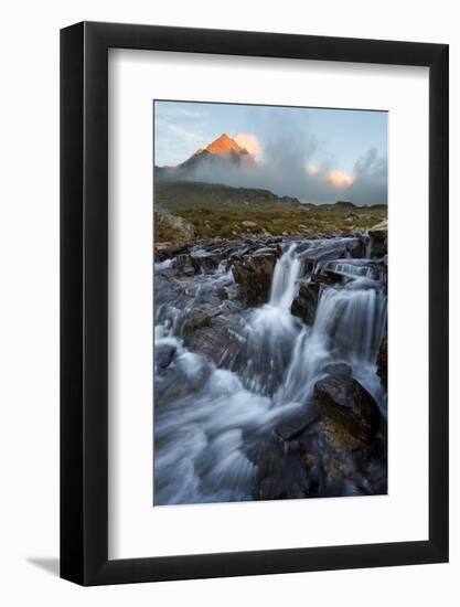 Italy, Italian Alps, Lombardy, Mountain Peak and River at Sunset, Stelvio National Park-Andrea Pozzi-Framed Photographic Print