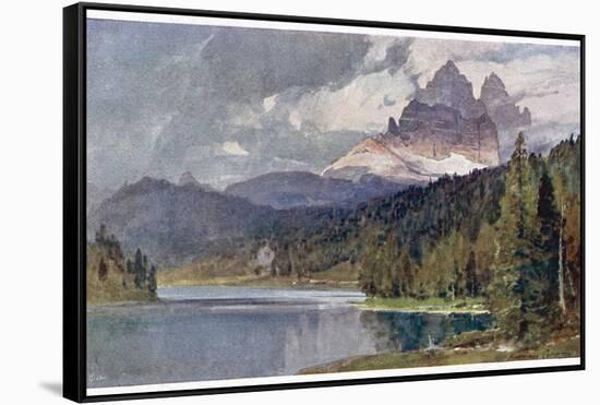 Italy: Lago Di Misurina in the Dolomites with Jagged Rocky Mountains in the Distance-Harrison Compton-Framed Stretched Canvas