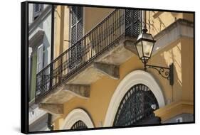 Italy, Lombardy, Cremona. Balcony with wrought iron work-Alan Klehr-Framed Stretched Canvas