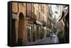 Italy, Lombardy, Cremona, cobblestone street with bicycles and old buildings-Alan Klehr-Framed Stretched Canvas