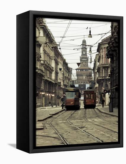 Italy, Lombardy, Milan, Milan Trams on Via Orefici with Castello Sforzesco, Dawn-Walter Bibikow-Framed Stretched Canvas