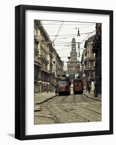 Italy, Lombardy, Milan, Milan Trams on Via Orefici with Castello Sforzesco, Dawn-Walter Bibikow-Framed Photographic Print