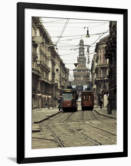 Italy, Lombardy, Milan, Milan Trams on Via Orefici with Castello Sforzesco, Dawn-Walter Bibikow-Framed Photographic Print