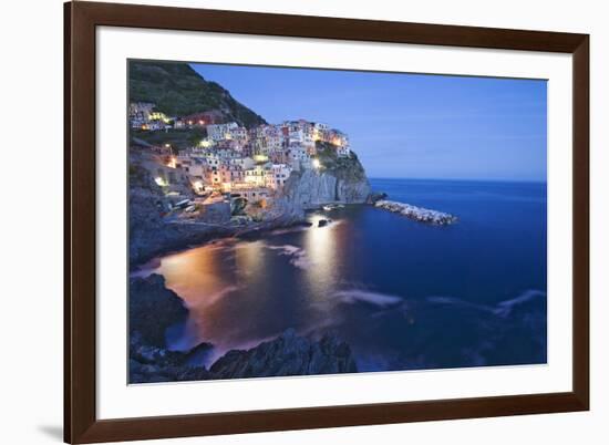 Italy, Manarola. Town and sea at sunset-Jaynes Gallery-Framed Premium Photographic Print