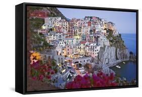 Italy, Manarola. Town and sea at sunset-Jaynes Gallery-Framed Stretched Canvas