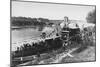 Italy, Pavia, Waterway Transportation on Ticino River with Ponte Coperto-null-Mounted Giclee Print