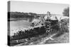 Italy, Pavia, Waterway Transportation on Ticino River with Ponte Coperto-null-Stretched Canvas