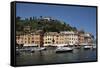 Italy, Province of Genoa, Portofino. Fishing village on the Ligurian Sea, overlooking harbor-Alan Klehr-Framed Stretched Canvas