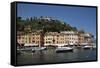 Italy, Province of Genoa, Portofino. Fishing village on the Ligurian Sea, overlooking harbor-Alan Klehr-Framed Stretched Canvas