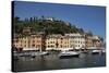Italy, Province of Genoa, Portofino. Fishing village on the Ligurian Sea, overlooking harbor-Alan Klehr-Stretched Canvas