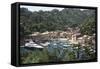 Italy, Province of Genoa, Portofino. Fishing village on the Ligurian Sea, overlooking harbor-Alan Klehr-Framed Stretched Canvas