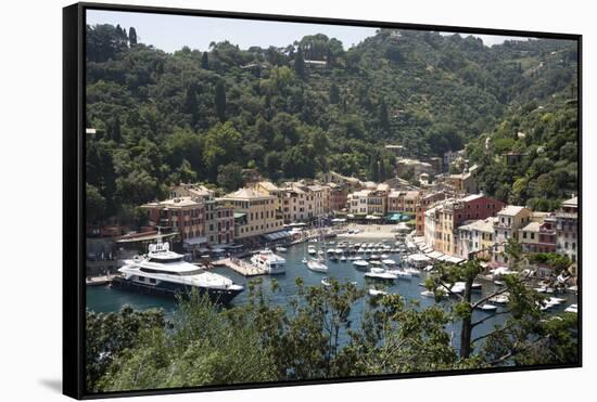 Italy, Province of Genoa, Portofino. Fishing village on the Ligurian Sea, overlooking harbor-Alan Klehr-Framed Stretched Canvas