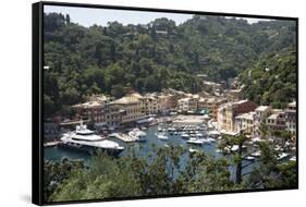 Italy, Province of Genoa, Portofino. Fishing village on the Ligurian Sea, overlooking harbor-Alan Klehr-Framed Stretched Canvas