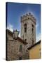 Italy, Radda in Chianti. Bell tower of Saint Niccolo church in Radda in Chianti.-Julie Eggers-Stretched Canvas
