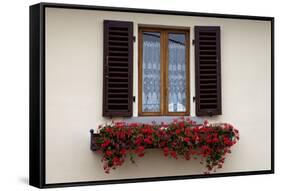 Italy, Radda in Chianti. Flower boxes with red geraniums below a window with shutters.-Julie Eggers-Framed Stretched Canvas