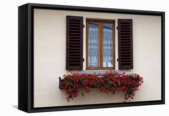 Italy, Radda in Chianti. Flower boxes with red geraniums below a window with shutters.-Julie Eggers-Framed Stretched Canvas