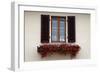 Italy, Radda in Chianti. Flower boxes with red geraniums below a window with shutters.-Julie Eggers-Framed Photographic Print