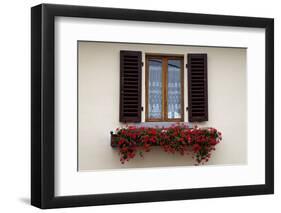 Italy, Radda in Chianti. Flower boxes with red geraniums below a window with shutters.-Julie Eggers-Framed Photographic Print