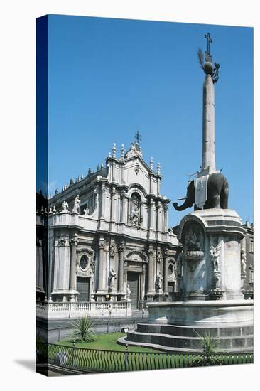 Italy, Sicily Region, Catania Province, Catania, Catania Cathedral and Elephant Back Sculpture-null-Stretched Canvas