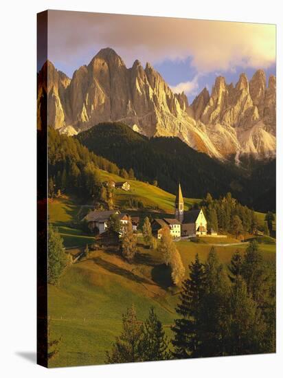 Italy, South Tyrol, Villn?Tal, St. Magdalena, Church, Mountains, 'Geislerspitzen', Autumn-Thonig-Stretched Canvas