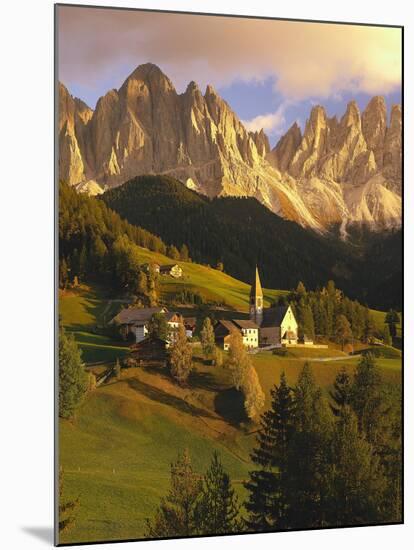 Italy, South Tyrol, Villn?Tal, St. Magdalena, Church, Mountains, 'Geislerspitzen', Autumn-Thonig-Mounted Photographic Print